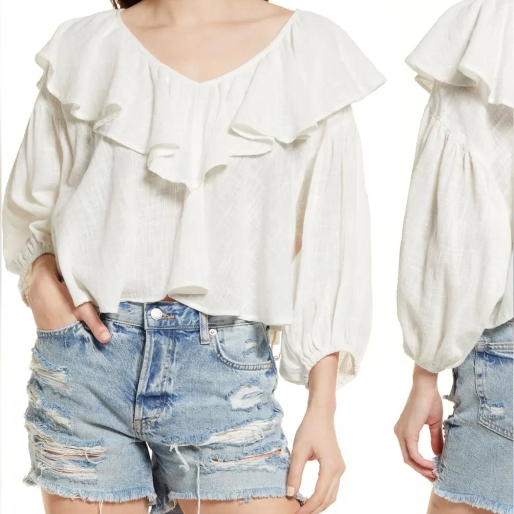 Free People Zuri Gauze Ruffled Crop Blouse in Ivory Size Small